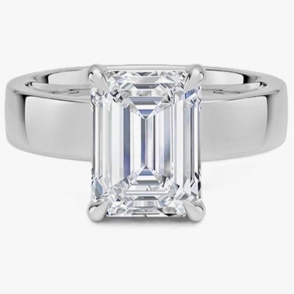 NWT-2.40Ct  Moissanite Emerald Cut Solitaire Wide Band Engagement Ring